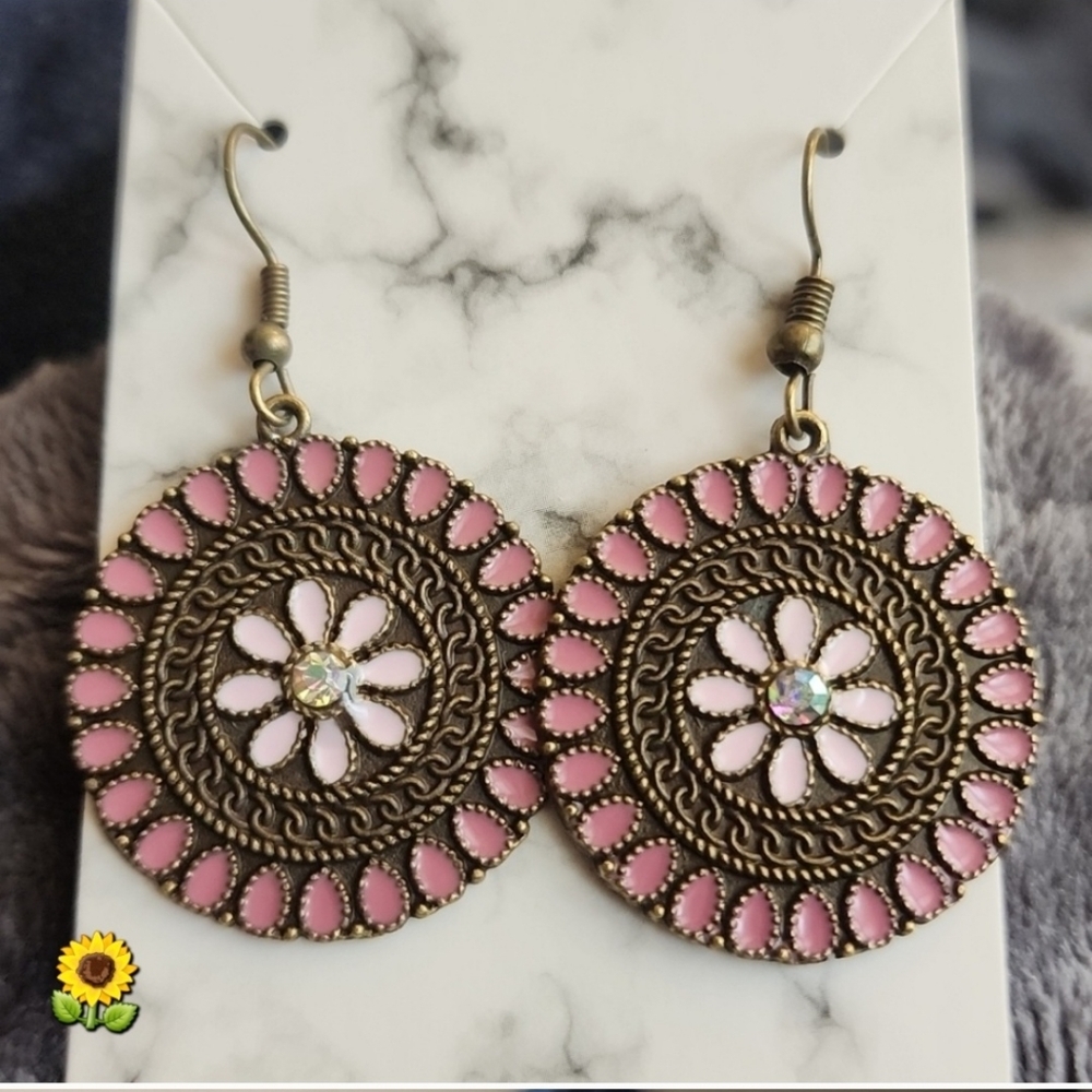 Boho Disc Gem Center Bronze Earrings Pink ER